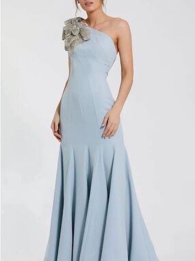 Mac Duggal Powder Blue One-Shoulder Gown with Embellished Shoulder Detail
